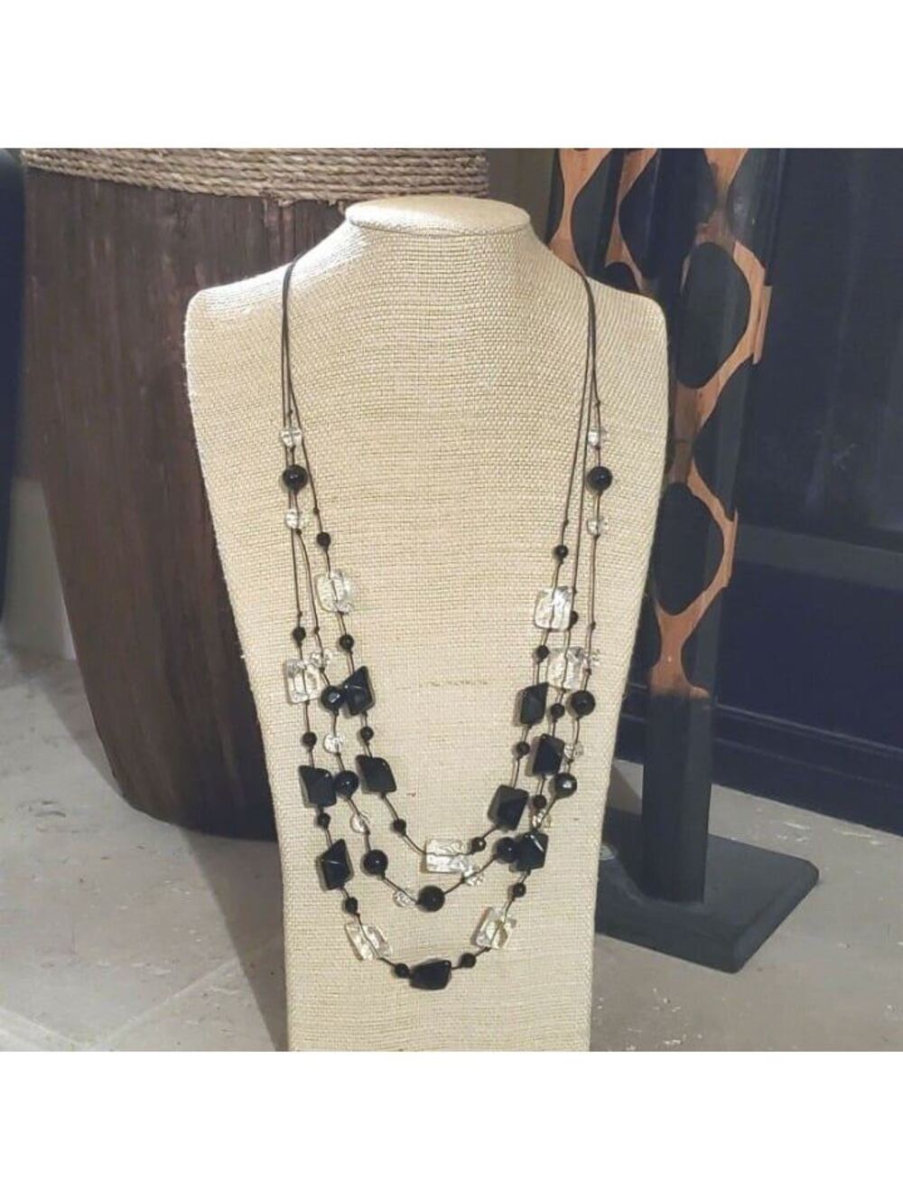 Knotted 3-Strand Black and Clear Vintage Glass Beads Necklace